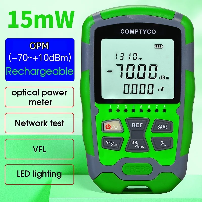Rechargeable Optical Power Meter(-70~+10dBm OPM) Visual Fault Locator(15MW VFL) Rj45 Network Testing Tool LED Light 4 in 1 Multifunction Fiber Optic Tester