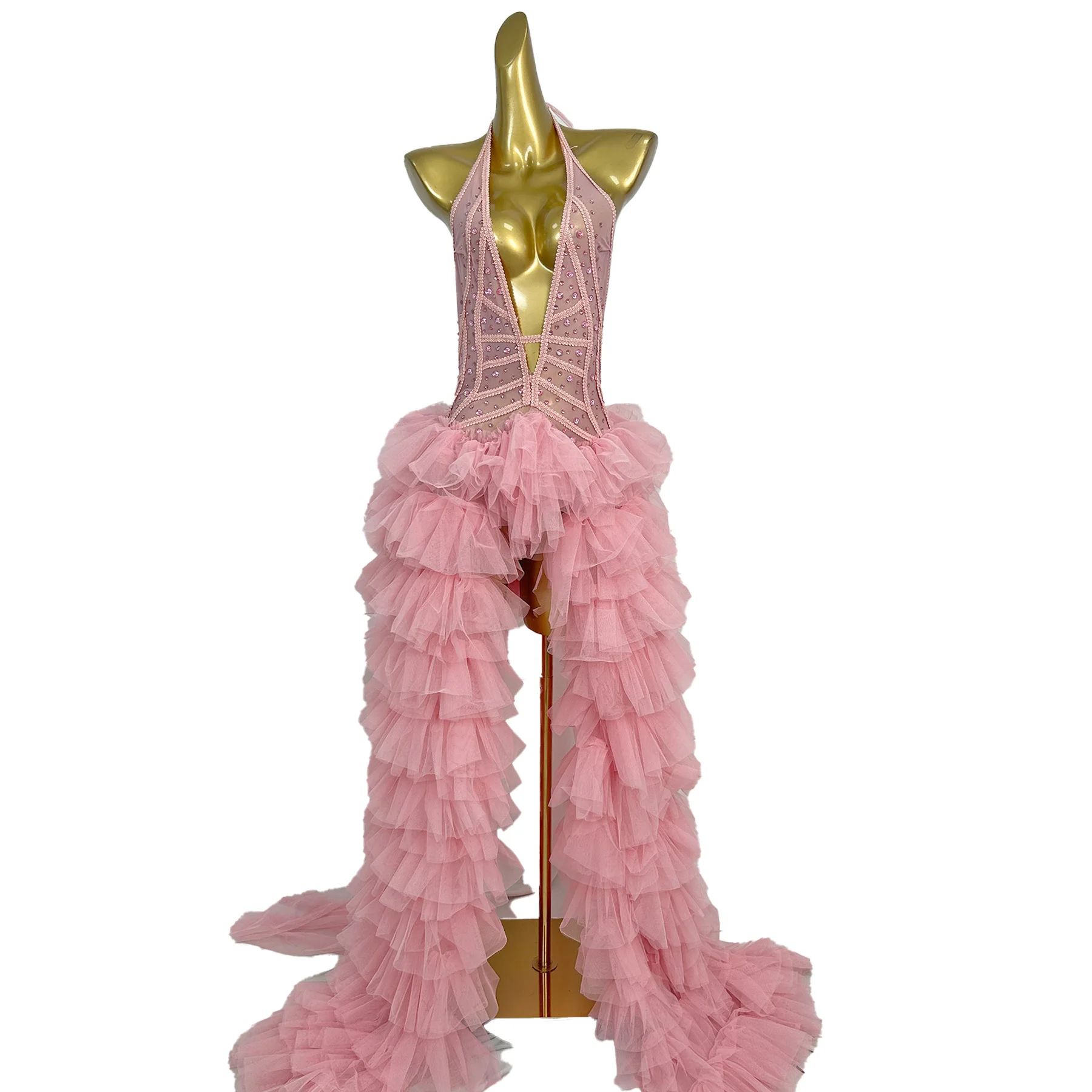 セクシーなピンクのラインストーンフリル付き誕生日イブニングバンケットロングドレス、女性用ホローアウトボールガウン、バックレスプロムパーティーディナードレス