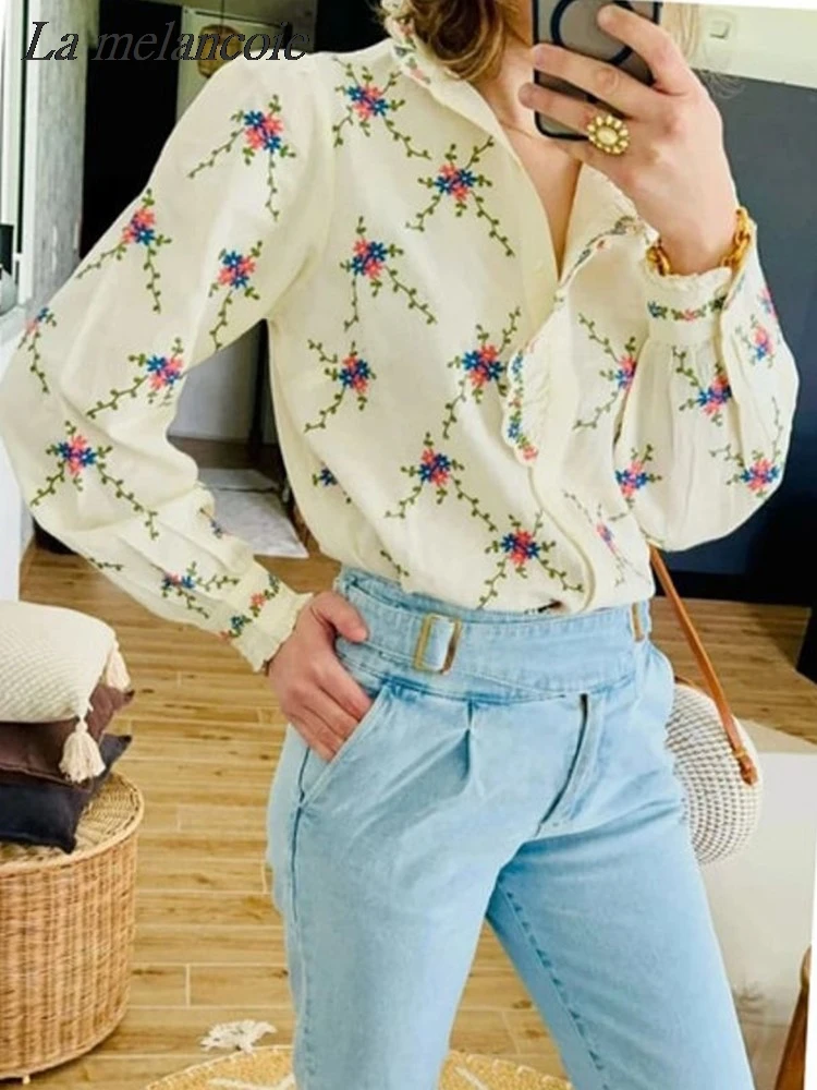 Flower Embroidered Blouses Women Stand Collar Ruffle Edge Shirts 2024 Autumn New Fashion French Long Sleeve Shirts Tops Female