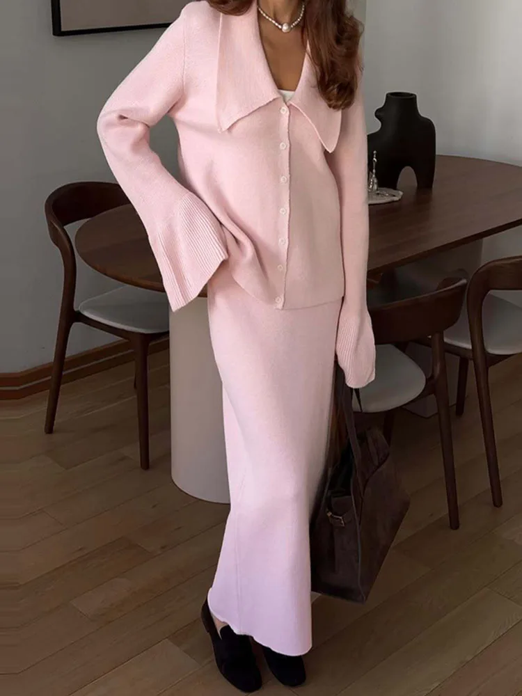 Chic New Winter Thick Warm Crochet Hook Women's 2pc Set Fashion Lapel Sweater and Skirt Outfits Casual Long Sleeved Loose Knit S