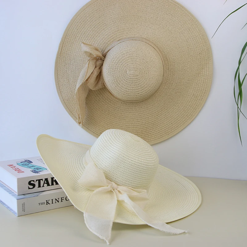 Summer Women Straw Hat Bowknot Wide Brim Floppy Panama Hats Female Lady Outdoor Foldable Beach Sun Cap