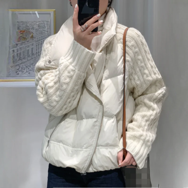 

Winter Warm Coat High-grade 90 White Duck Down Down Jacket Fashion Knitted Splicing Collar Design Fashionable Short Parkas