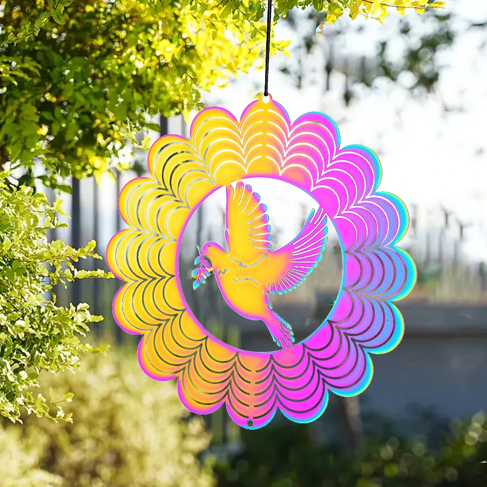 

D2 Colorful Pigeon Wind Spinner Hanging 3D Dove of Peace Olive Branch Flowing Whirligigs Wind Catcher Windmills Garden Decor