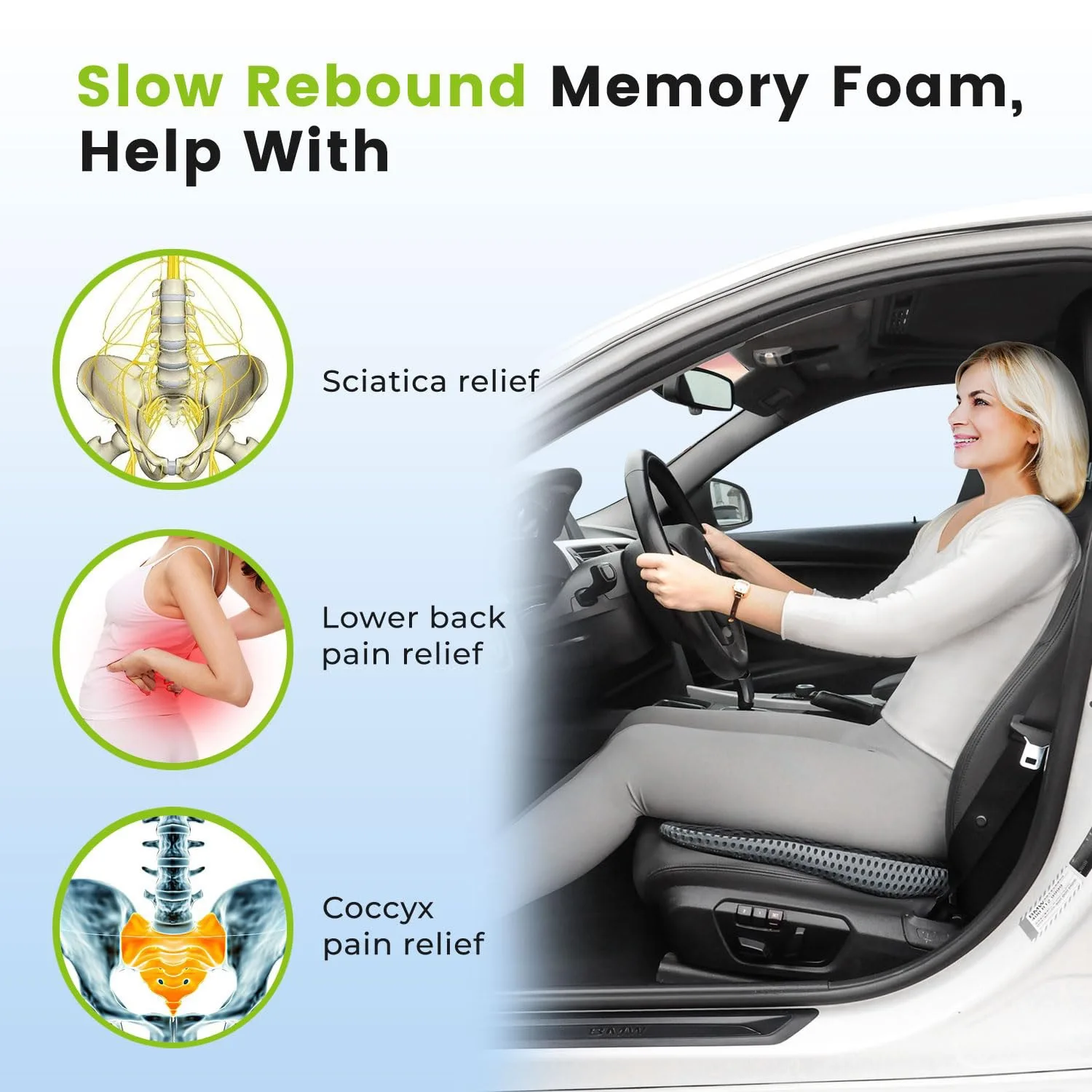 Comfort Car Wedge Seat Cushion For Car Driver Seat Office Chair Wheelchair Memory Foam Seat Cushion Orthopedic Support