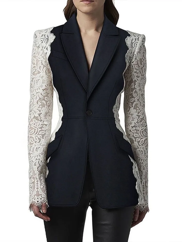 Patchwork Lace Single Button Notched Collar Outerwear Suit Jacket Elegant Causal Blazer Coat Women Autumn