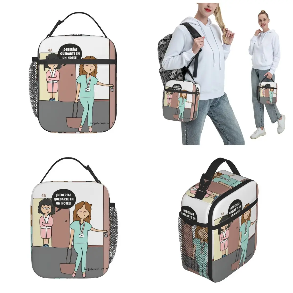 Funny Nurse Cartoon Enfermera En Apuros Insulated Lunch Bag for Doctor Nurses Food Box Lunch Container Thermal Cooler