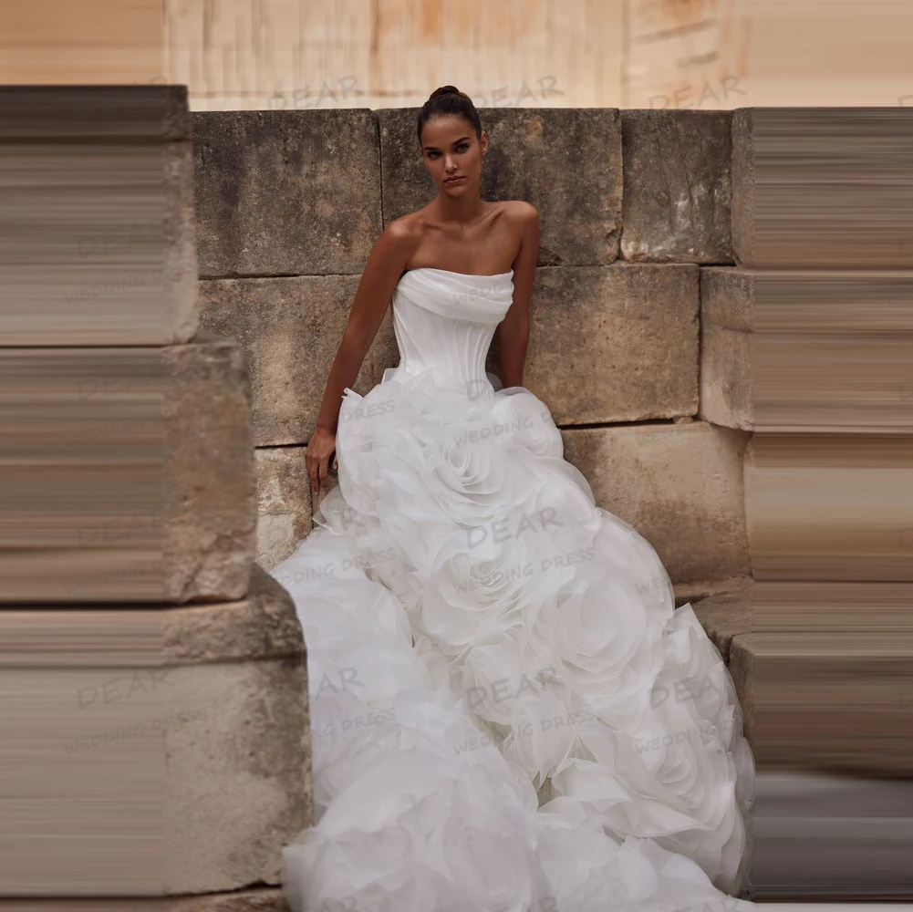 럭셔리 섹시 웨딩드레스 A라인 플러피 3D 꽃 여성 신부 드레스 민소매 베스티도스 데 노비아 맞춤 제작 2025 볼 가운