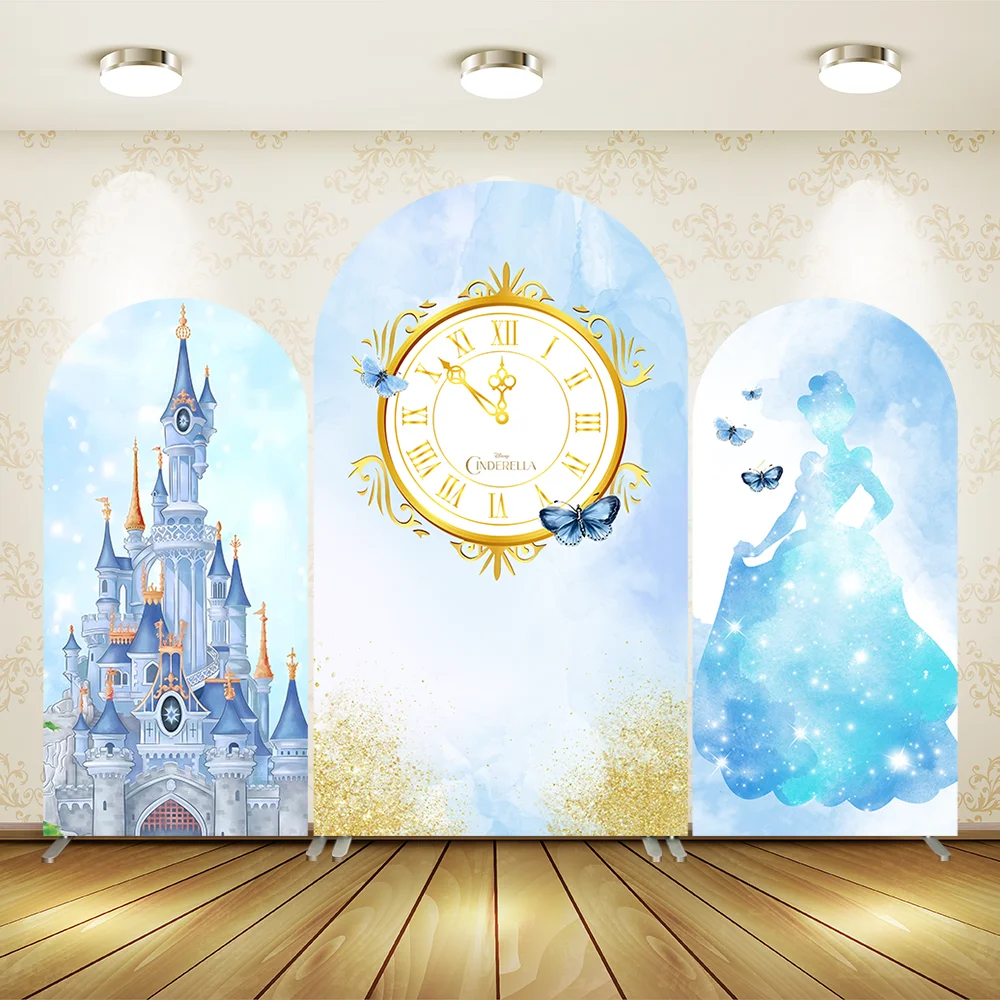 

Princess Cinderella Arch Backdrop Cover for Girls Birthday Blue Castle Clock Arche Wall Banner for Baby Shower Decoration