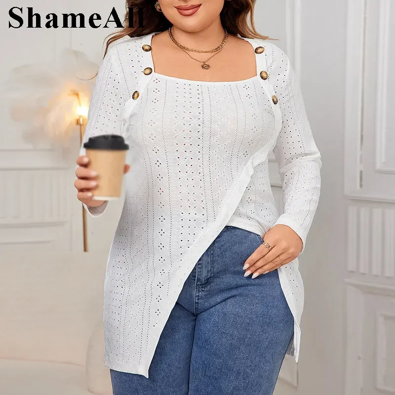 Plus Size Irregular Hem Hollow Out White Loose Shirts Women Elegant Square Collar Button Patchwork Long Sleeve Blouses