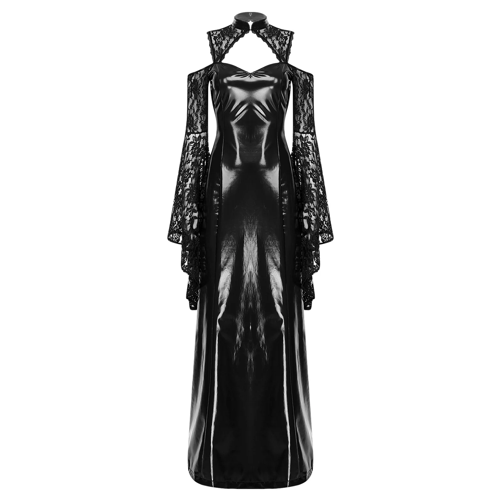 فستان ماكسي نسائي على الطراز القوطي Steampunk مزين بالدانتيل اللامع من البولي يوريثان بأكمام واسعة وفتحة من الخلف فستان بحاشية مقسمة للحفلات والنوادي