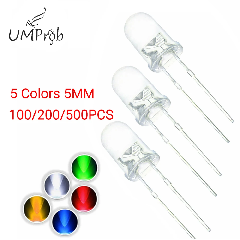 

5 Colors 5MM F5 Light Emitting Diode Ultra Bright Water Clear Green/Yellow/Blue/White/Red Round LED Assortment Kit