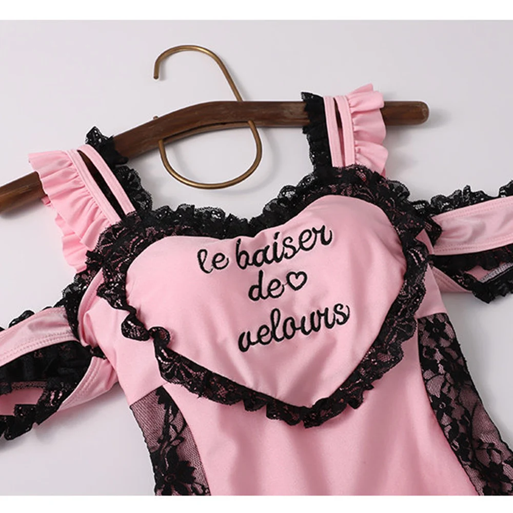 2026 New Sweet Lolita Pink One-Piece Swimsuit Cute Girls Kawaii Sweetherat Neck Y2K Swimwear Summer New Women's Bathing Suit