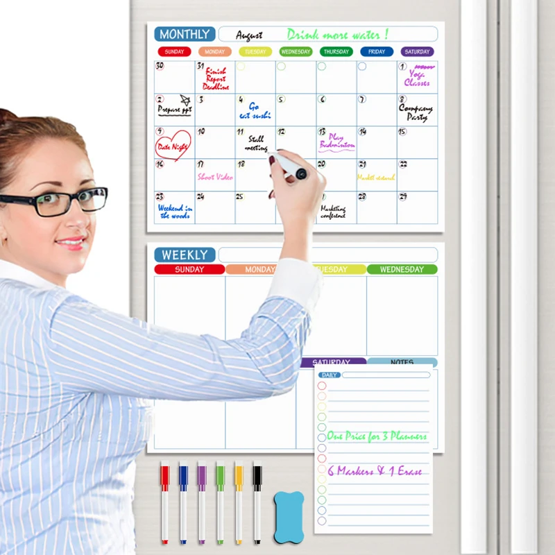 Magnetic Refrigerator Calendar Erasable Whiteboard Monthly Weekly Planner Dry Erase Message Board Sticker School Equipment