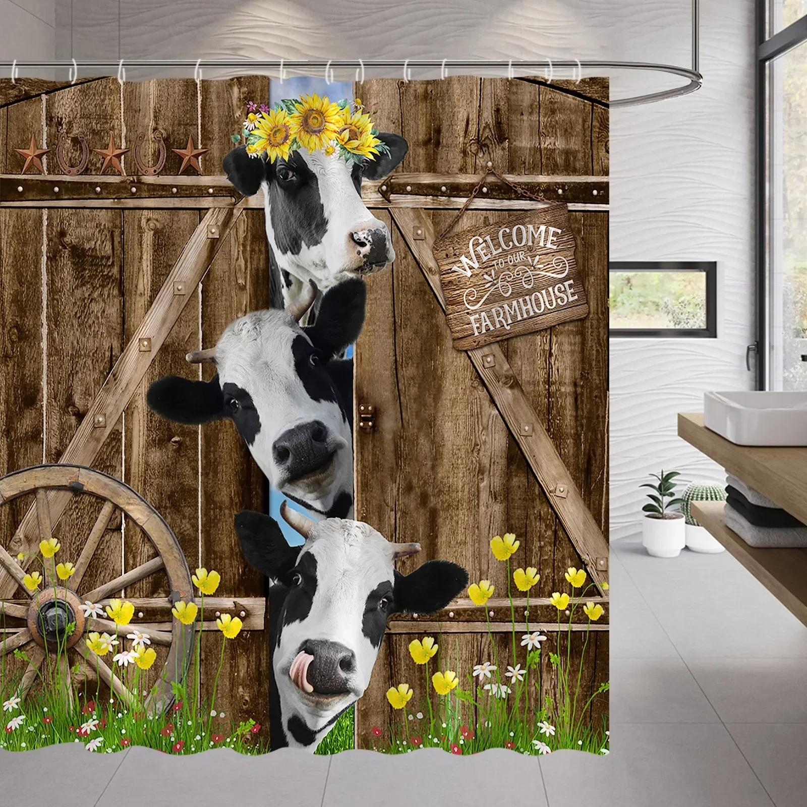 Conjunto de accesorios para la salle de bain retro, porte en bois, vache, roue en bois, Alimentos, tournesol, rideau de douche