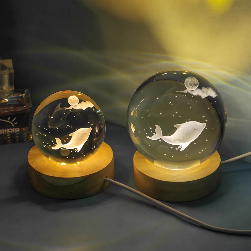 3D Engraved Crystal Ball Lamp Aesthetic Ocean Jellyfish Nocturnal Night Light Artistic Glass Table Ornament Birthday Gift