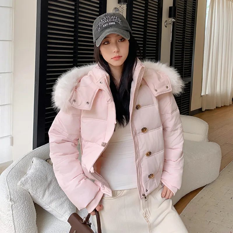 2025 Winter Fashion Fur Hooded Jacket Women Warm Thick Cotton Short Parka Coat Lady Padded Slim Parkas Cropped Bubble Outerwears