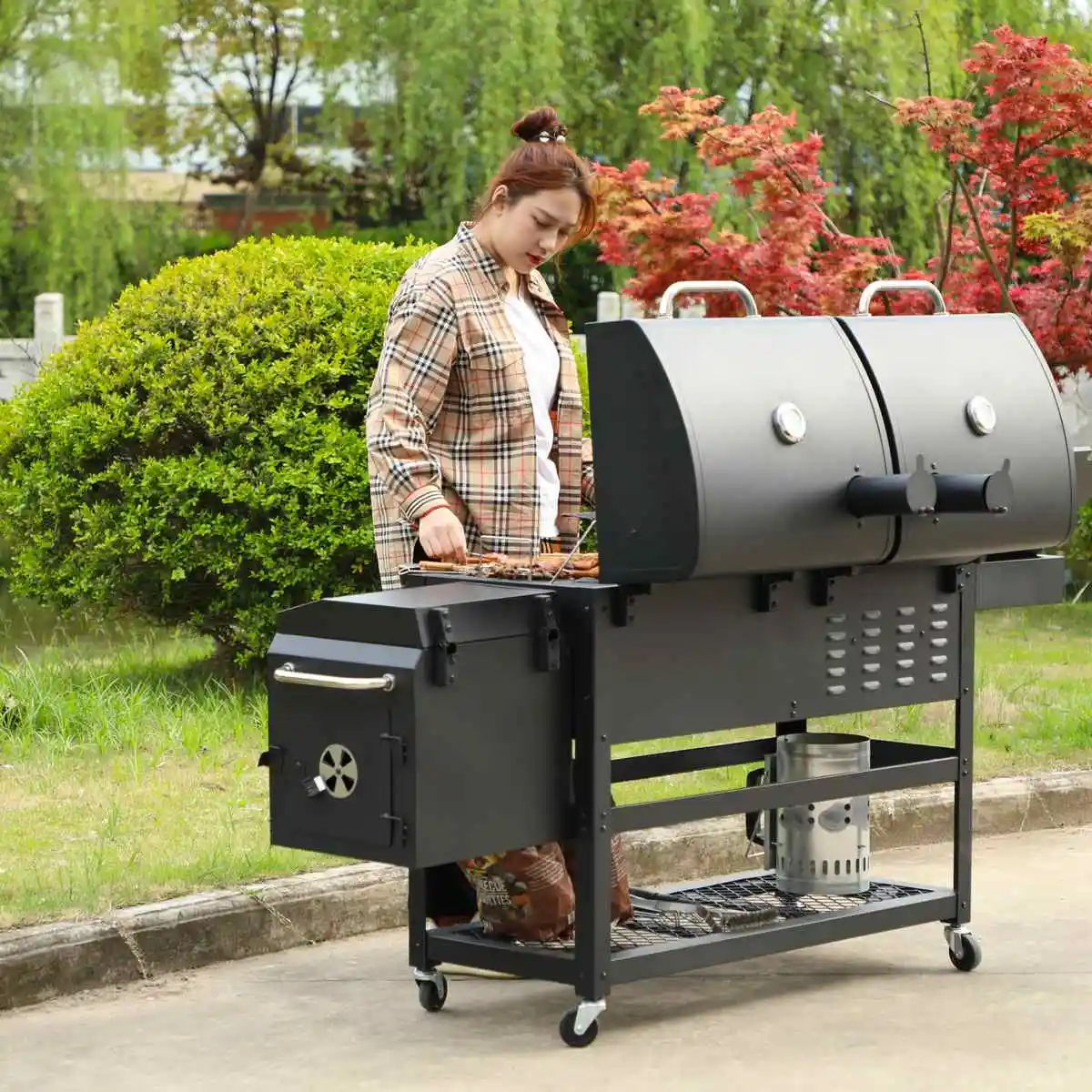 Large Backyard Party Garden Charcoal&Gas Barbecue Grill Smokeless Camping Outdoor Kitchen Cart Bbq Commercial Grills Trolley