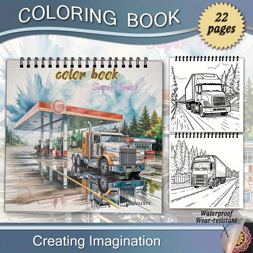 Truck Coloring Book - 8.27 x 8.27 inches, 22 pages. A wonderful holiday gift for truck enthusiasts and families.
