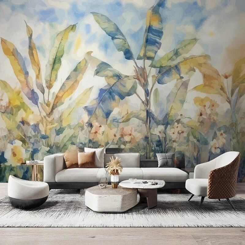 

Custom Landscape Botanical Leaf Floral Hand-Painted Oil Painting Mural Wallpaper for Living Room TV Sofa Background Wall Décor