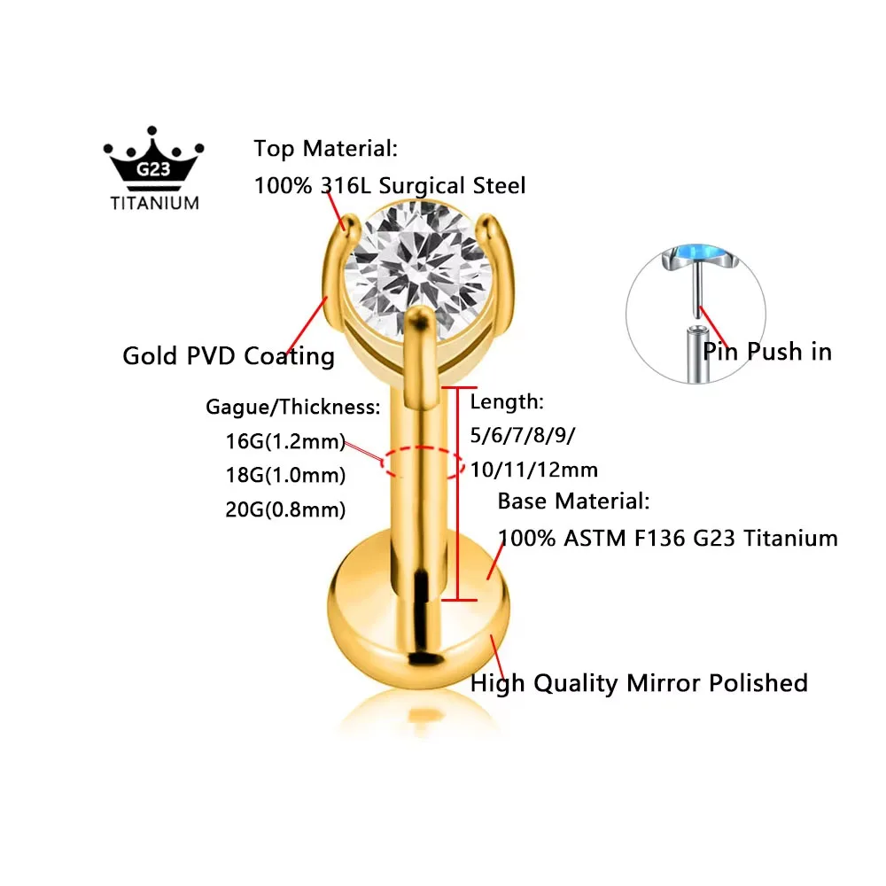 ASTM F136 G23 التيتانيوم ستار القلب مثلث القمر قطرة الخيوط ثقب دبوس دفع في Labret Daith محارة القرط 16 جرام 18 جرام 20 جرام
