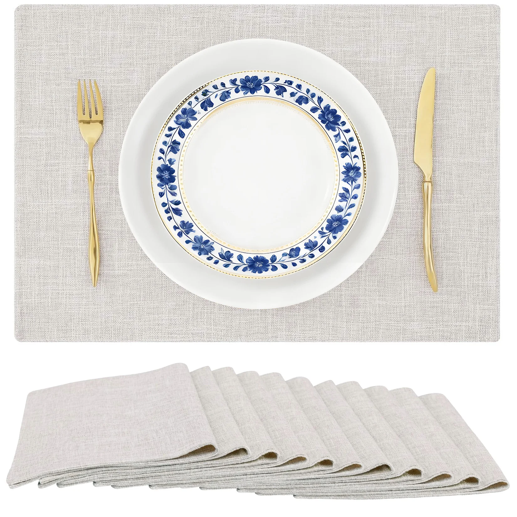 12 Pcs Beige Linen Placemats Set, 17.7