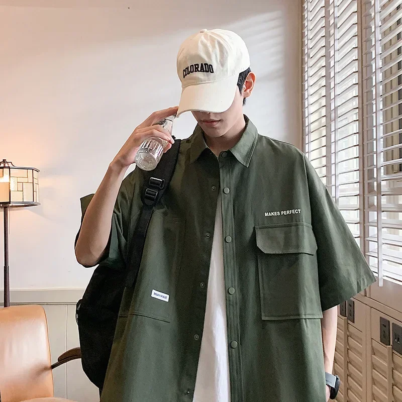 Korean Cargo Short Sleeve Shirts Men's Summer Fashion Thin Harajuku Casual Loose Shirt Coat Y2k Japan Streetwear Men Clothing