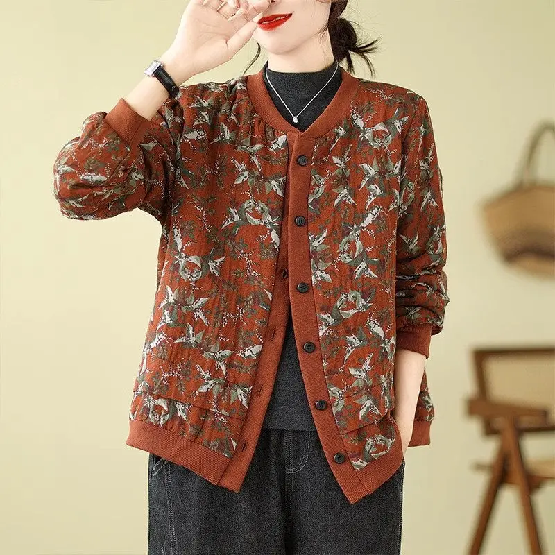 Short Ethnic Style Large Size Flower Cotton Jacket Women's Autumn Winter Loose Casual Warm Baseball Coat Retro Top Z3939