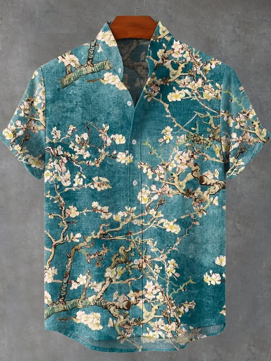 New men's short sleeved shirt with retro ethnic pattern, flower color, artistic printing, casual short sleeved shirt