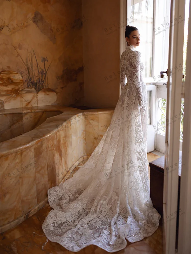 華やかなウェディングドレス ヴィンテージブライダルドレス レースティアードローブ セクシーなハイスリットフルスリーブ Vestidos De Novia カスタマイズ 2025