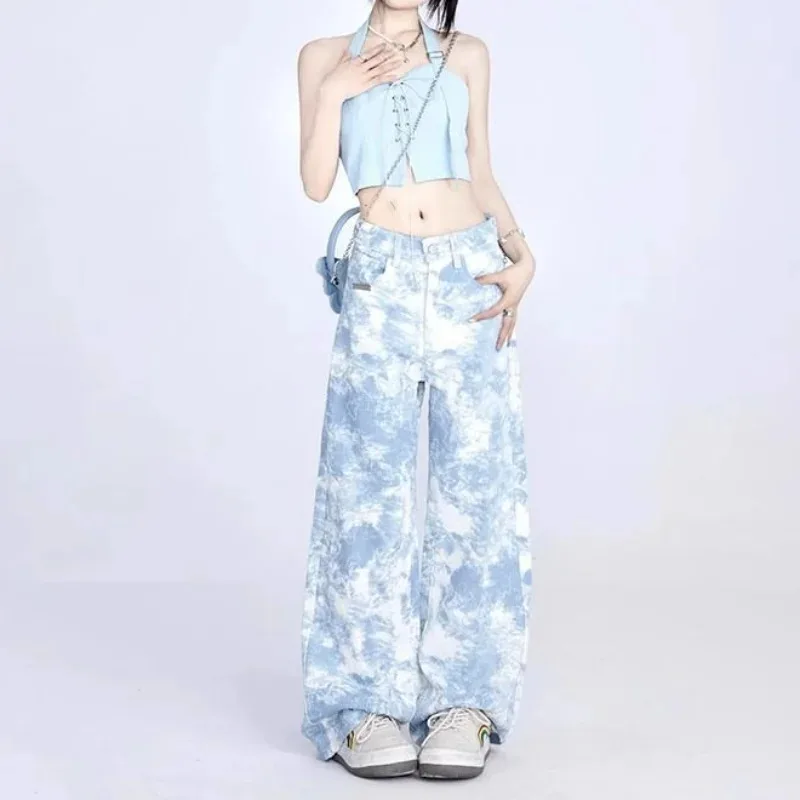 Vintage Camouflage  Wide Leg Jeans Women High Waist Dopamine Print Casual High Street Loose Blue Tie Dyed Straight Cargo Pants