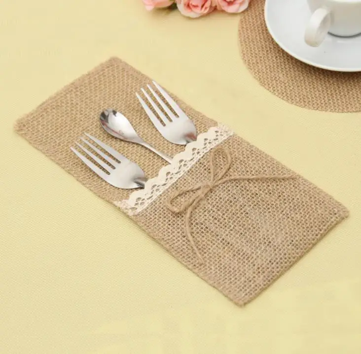 Natural Burlap Silverware Napkin Holders Cutlery Pouch for Vintage Wedding Decor Bridal Shower Party Table SN3977