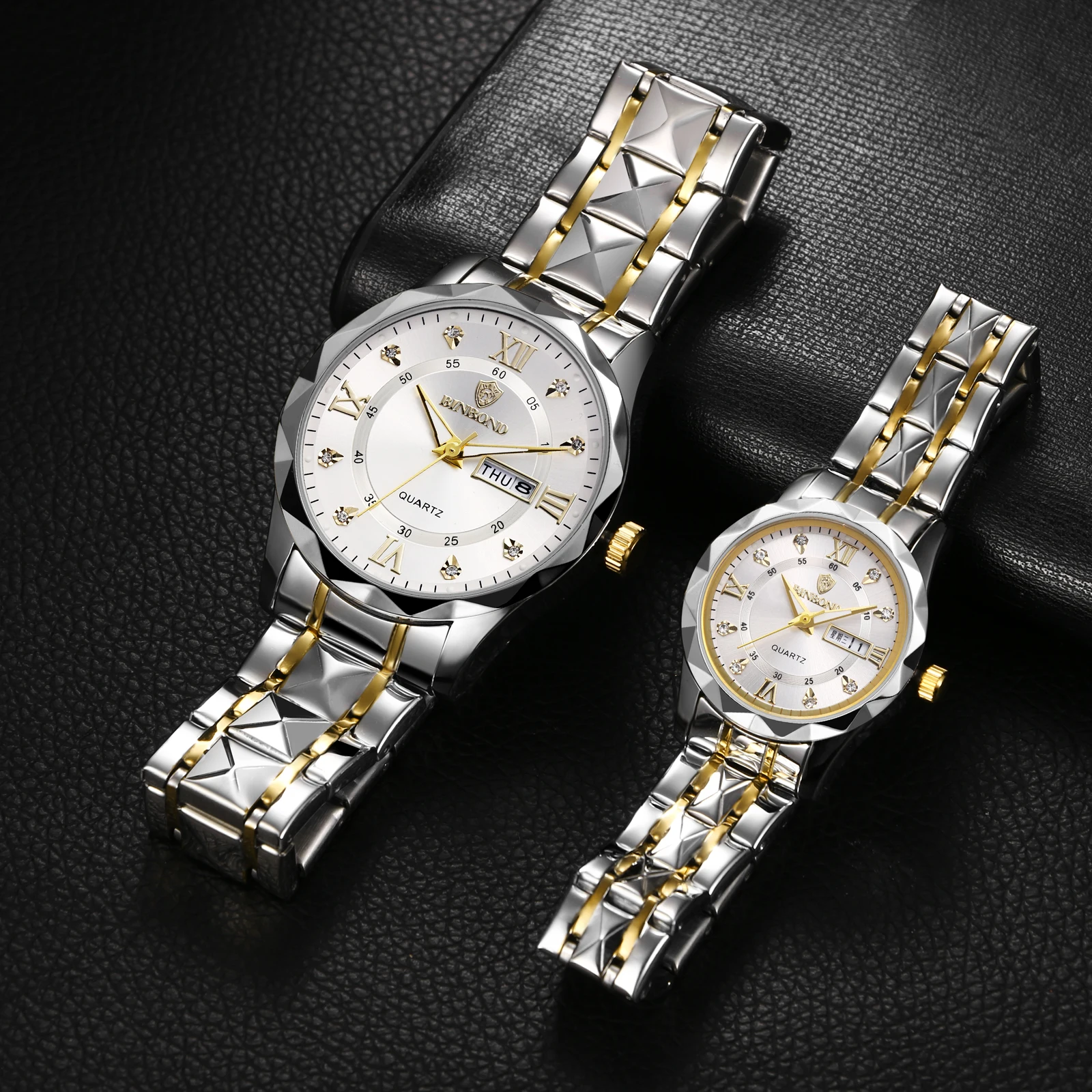 LANCARDO Diamond Fashion Watch with Diamond Scale Luminous Hands Luminous Waterproof Week Calendar Stainless Steel Strap