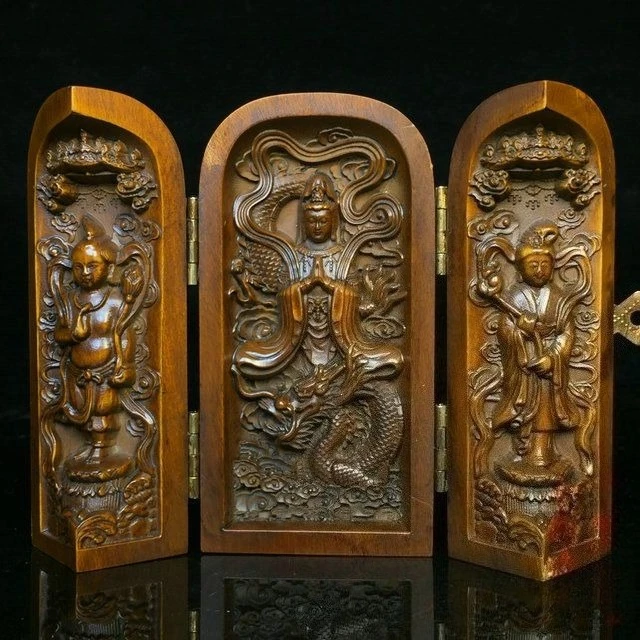 

Резная деревянная статуэтка дракона Гуаньинь с тремя открытыми коробками, настольное украшение, декор для дома, поделки, чайный питомец, декор для чайной церемонии