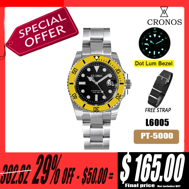 

Cronos New 40mm Diver Men Watches Luxury Business PT5000 Automatic Mechanical Watch Sapphire Waterproof 200m Glideclasp L6005M