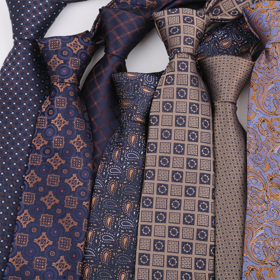 Luxury 8CM Mens Ties Necktie Brown Color Stripes Plaid Ties For Man Groom Jacquard Woven Neck Tie For Business Wedding Party