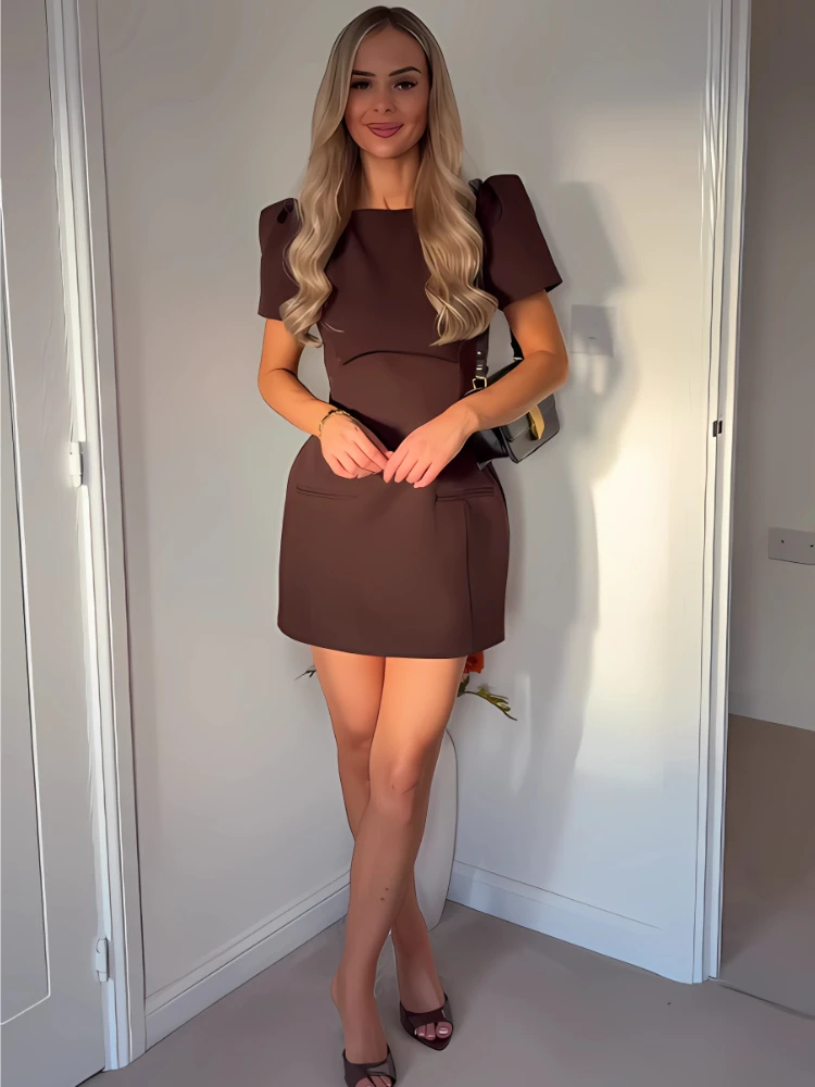 Tsiisd エレガンス ソリッド ミニドレス 女性用 テーパードウエスト 半袖 通勤 パッチワーク 夏 2026 女性用 パーティー イブニングドレス