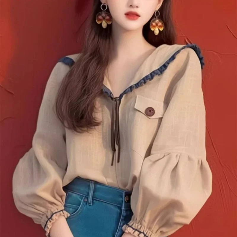 

Vintage Women's Blouses Spring/summer New Solid Loose Fit Tops Long Sleeves Korean Clothing Sales Ruffles Women Shirts