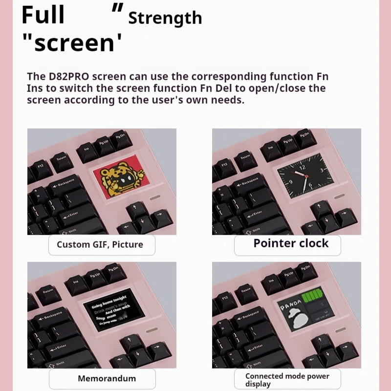 SP-STAR D82 PRO + لوحة مفاتيح ثلاثية الوضع مع شاشة حشية مبادلة ساخنة تدعم GIF DIY RGB لوحة مفاتيح ميكانيكية وردية مخصصة للفتيات