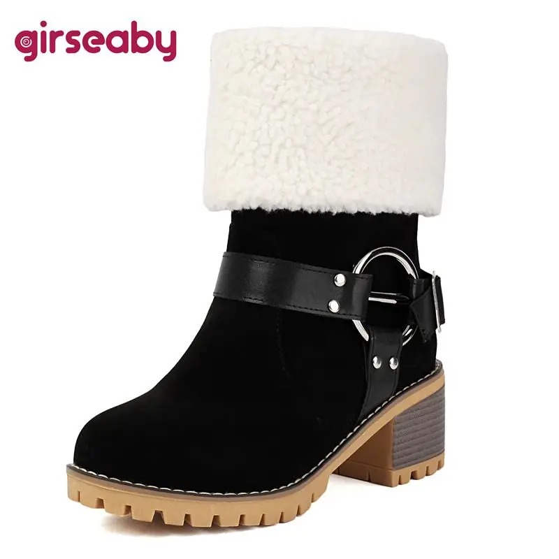 

Girseaby 2025 г. Модные женские сапоги до середины икры с круглым носком на массивном каблуке 5,5 см, без шнуровки с металлическим украшением, большой размер 41 42 43 Retro Bota