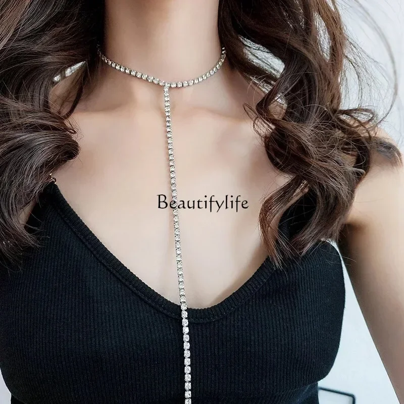 

European and American fashion collarbone chain T-shaped single row exquisite flash diamond long fringed rhinestone