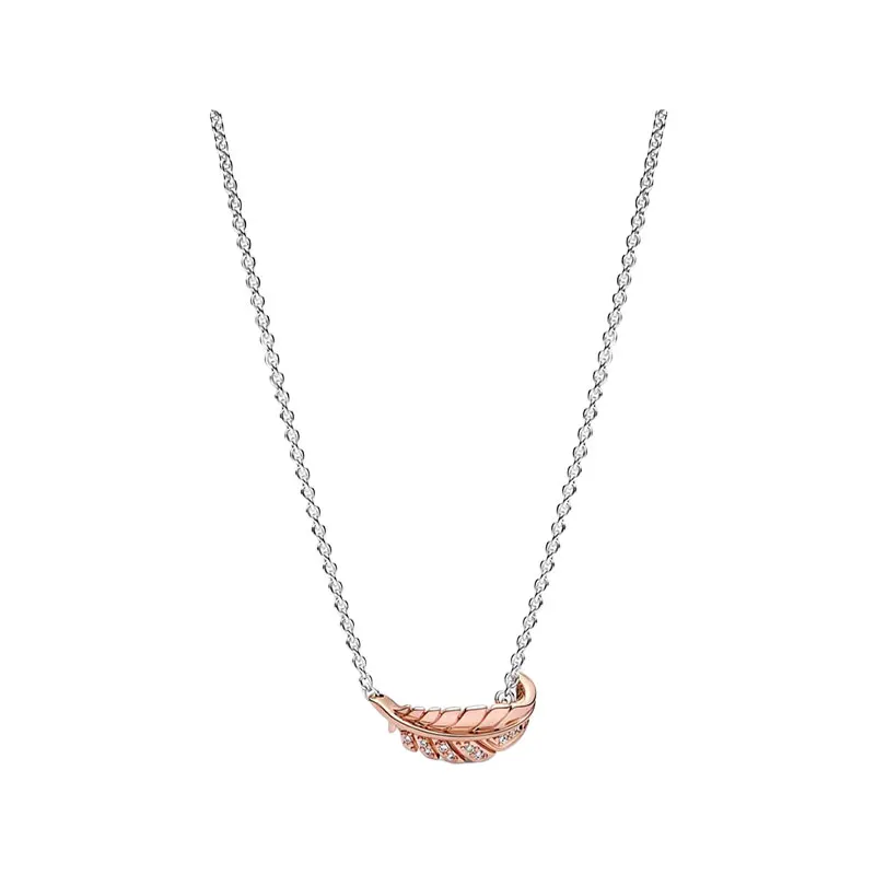 

Chokers Necklaces For Women Jewelry Rose Gold Zircon Curved Feather Pendants 925 Silver 45cm Adjustable Link Chain Lobster Clasp