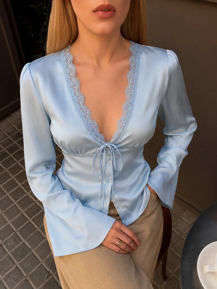 Tossy Lace Satin Lace-Up Vest Top Women Patchwork Fashion Long Sleeve Commute Loose Summer Tank Top Female Bandage V-Neck Top