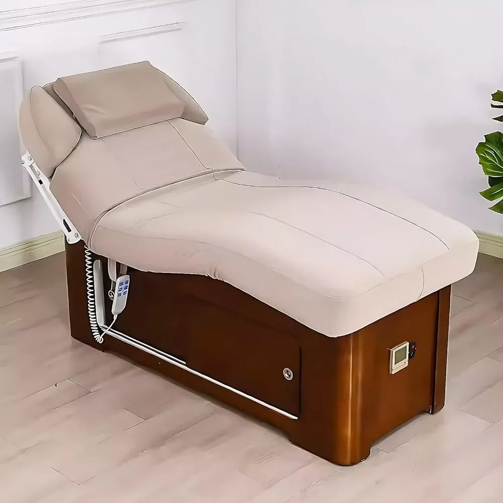 

Electric Spa Treatment Massage Table with Dark Brown Simple Base,Facial Beauty Bed Includes Multi-Function Angle Adjustment