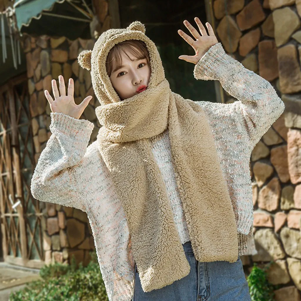 

Cute Bear Ear Hat Scarf Gloves Set Winter Women Thermal Soft Beanies Caps Warm Casual Hats Solid Fleece Girl Kawaii Present Hats