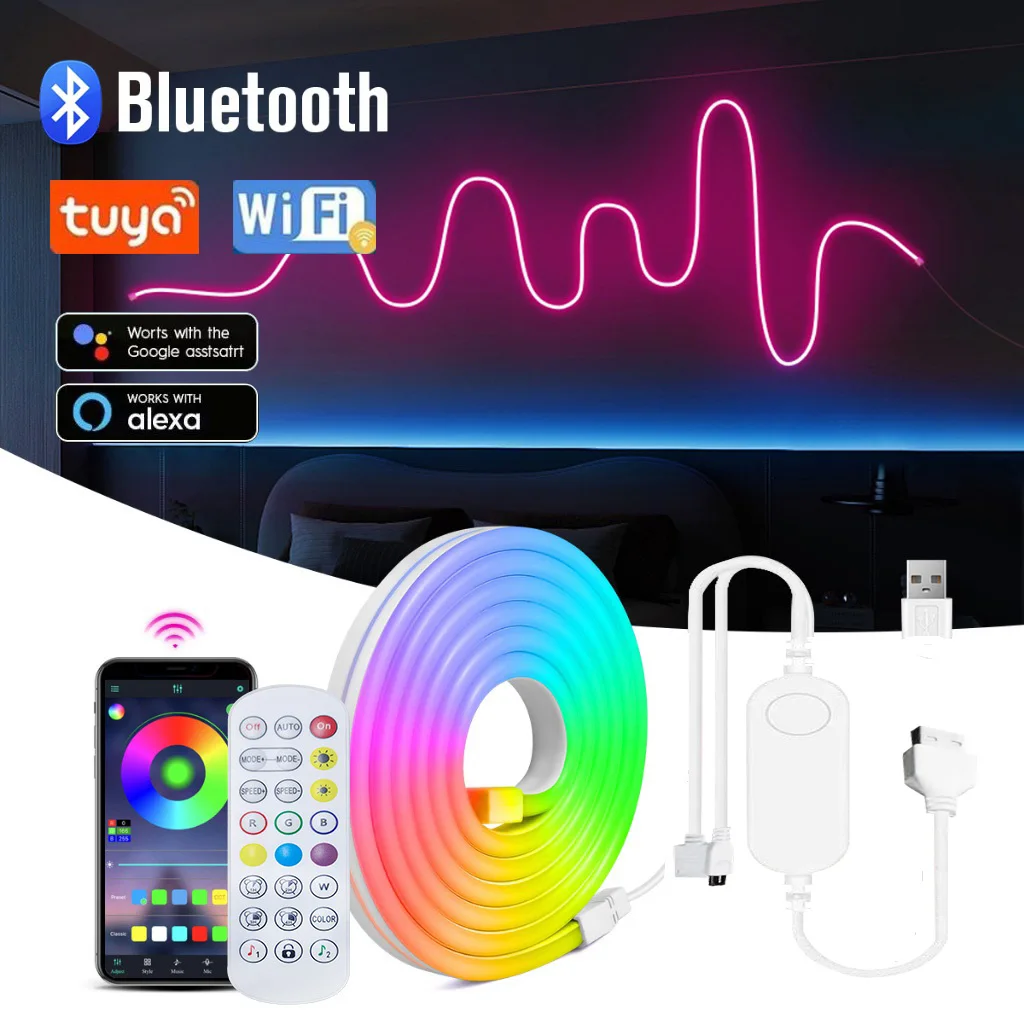 1/2/3/5M RGB Neon LED Strip IP65 Waterproof DIY USB Neon Strip Smart Tuya Bluetooth App Control Flexible Ribbon Christmas Light