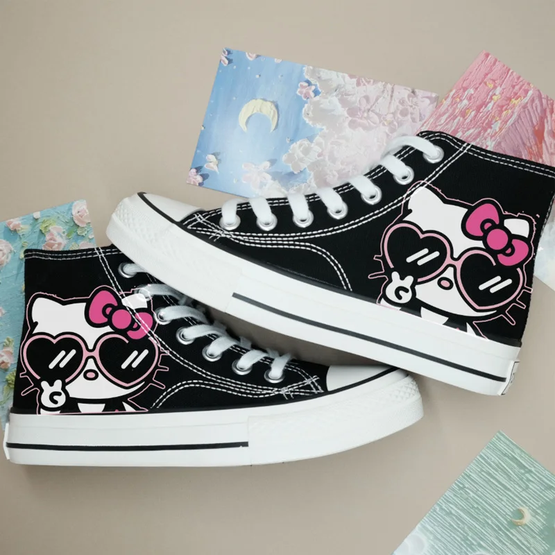 

Anime Hello Kitty Women's Canvas Board Shoes mid Top Anti-Slip Casual Sneakers Soft-Soled Kid Skate Shoes for Girls