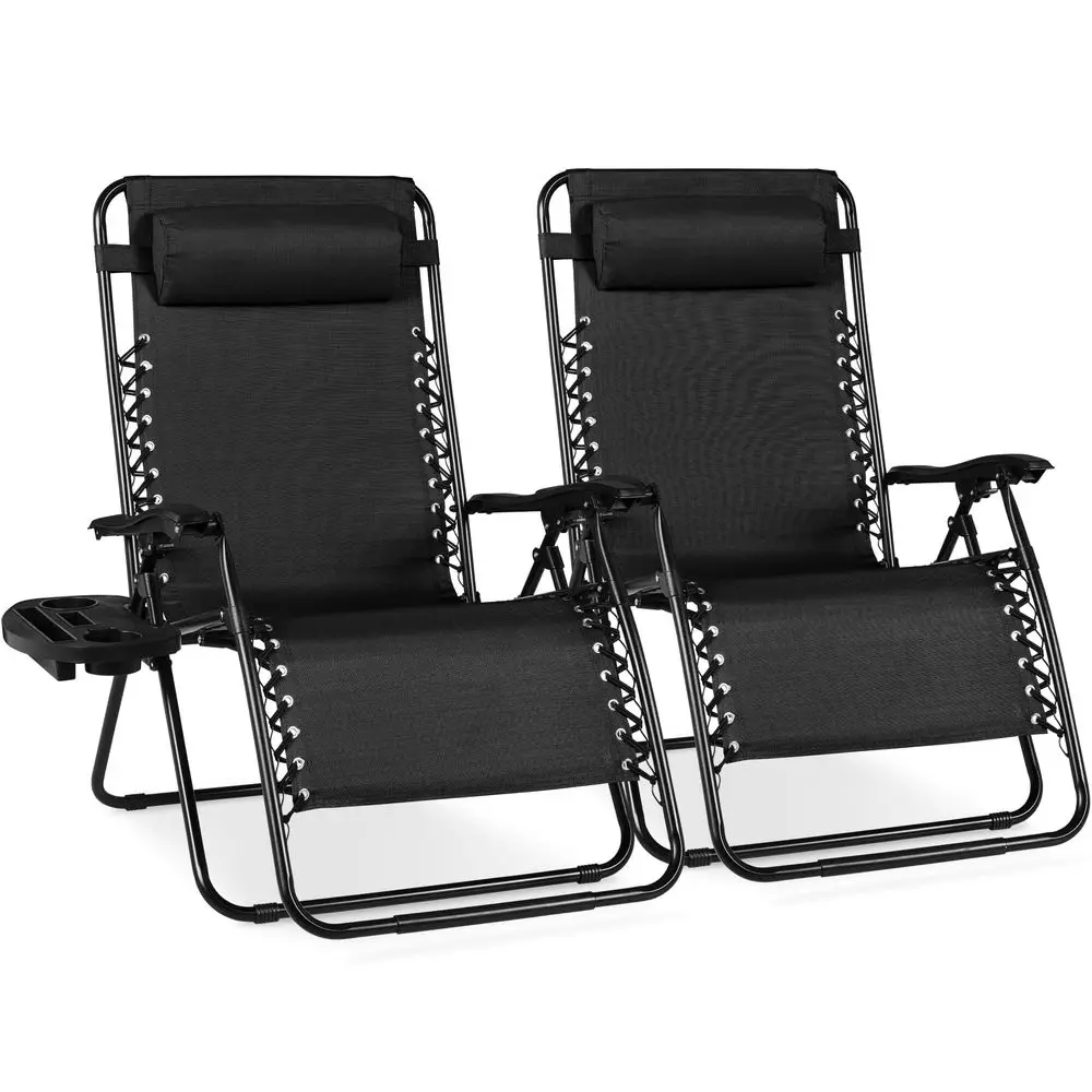 

Set of 2 Extra Wide Adjustable Steel Mesh Zero Gravity Lounge Chair Recliners w Pillows and Cup Holder Trays Black