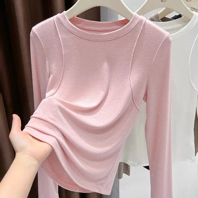 Women's Long Sleeve Slim Fit Base Layer T-shirt Fishbone Design Ultra Elastic Mask Inner Wear Slimming Top Korean Style