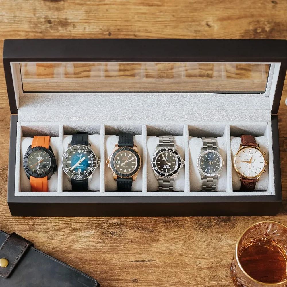 6-Slot Solid Wood Watch Box with Glass Top, Magnetic Closure & Pillow Stands - Watch Organizer Display Case for Men, Gift for Him, Espresso view 5
