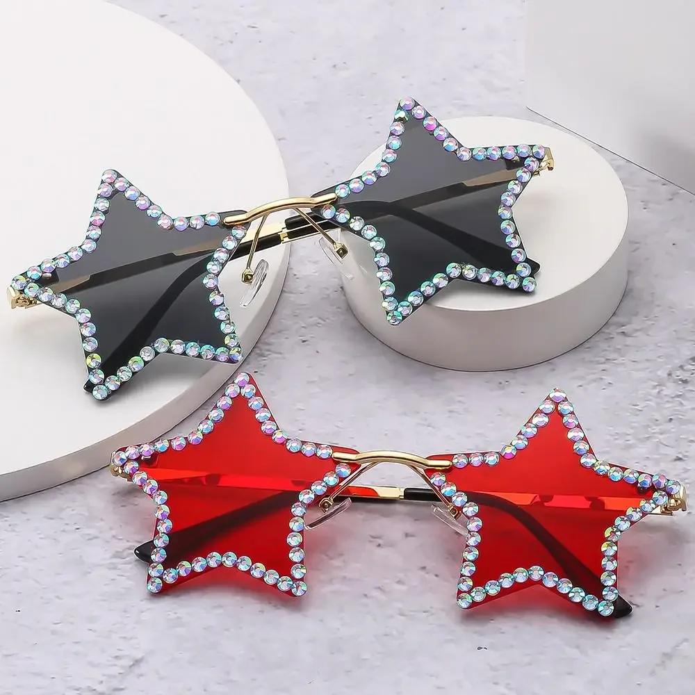 Fashion Rimless Diamond Encrusted Sunglasses Quirky Party Pentagram Sunglasses Wrapped Irregular Shape Sunglasses UV Protection